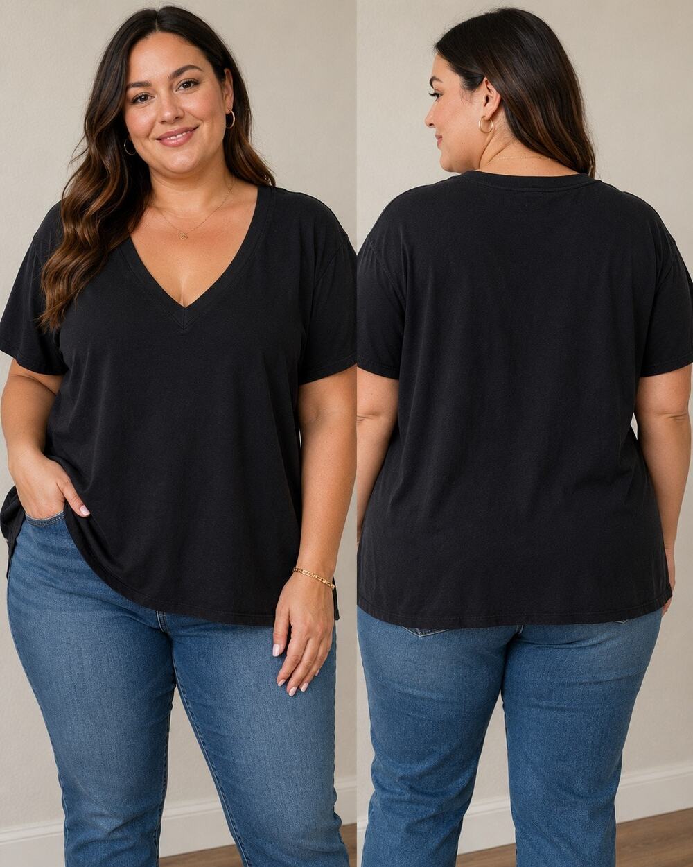 Good American V-Neck Cotton Jersey Tee Black - Plus Size: 2XL (5)